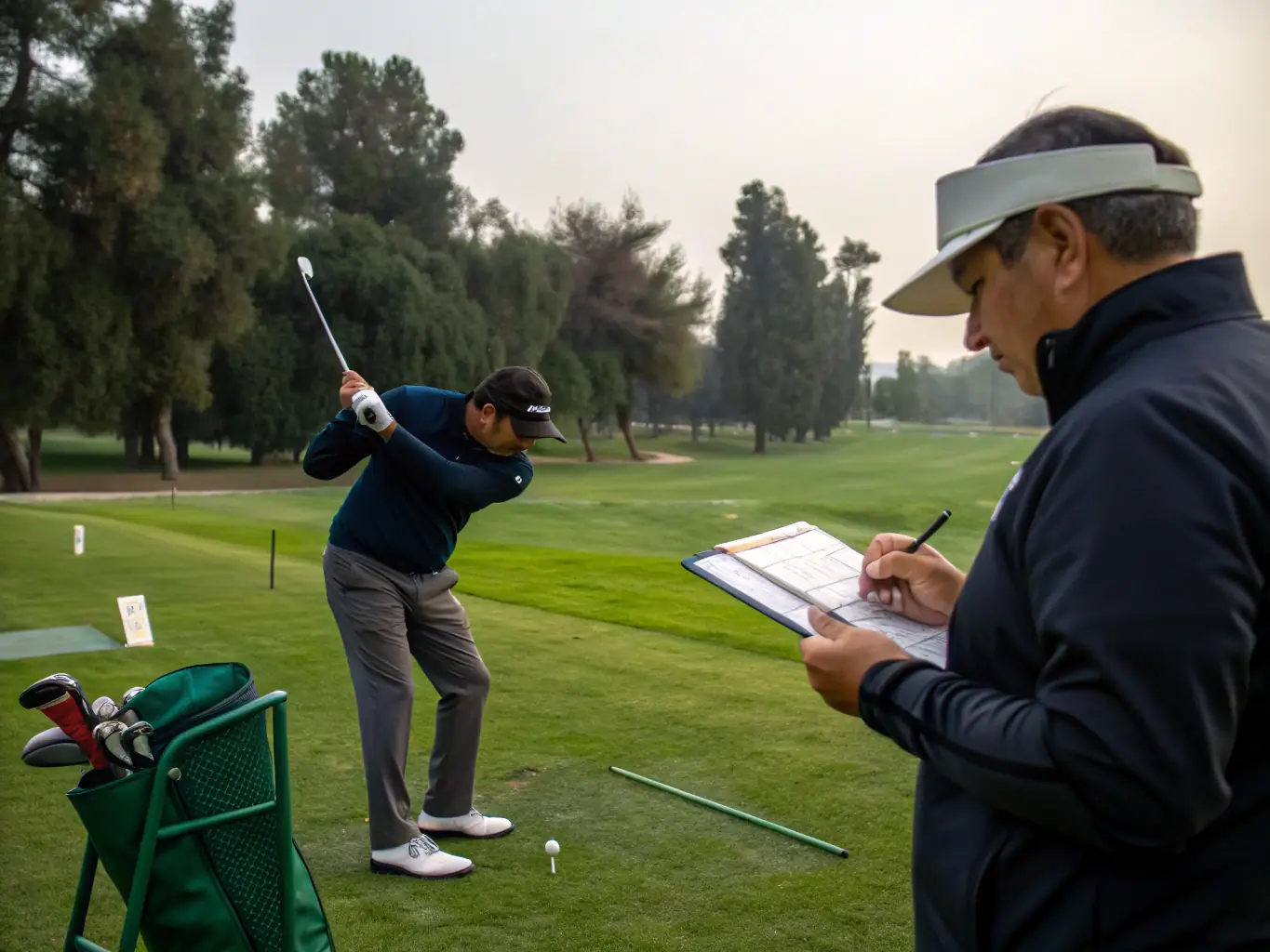 An image of Dr. Hernandez using TPI methodologies to assess a golfer's swing, highlighting his specialization in sports performance.