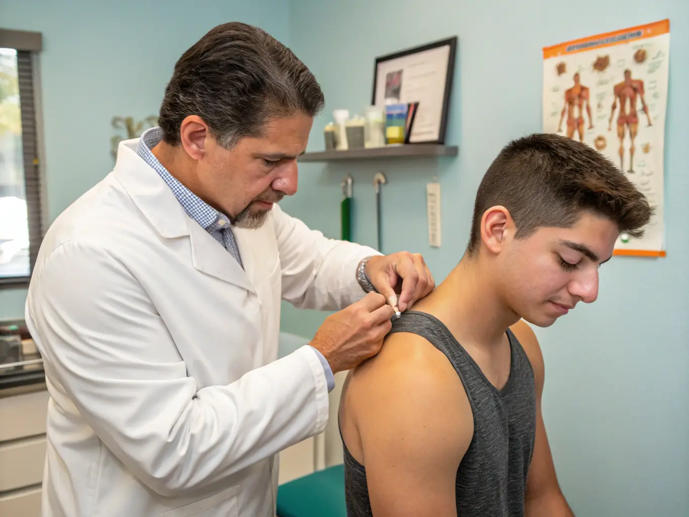 An action shot of Dr. Hernandez using dry needling techniques on a patient's shoulder, showcasing his expertise in pain management and muscle recovery.