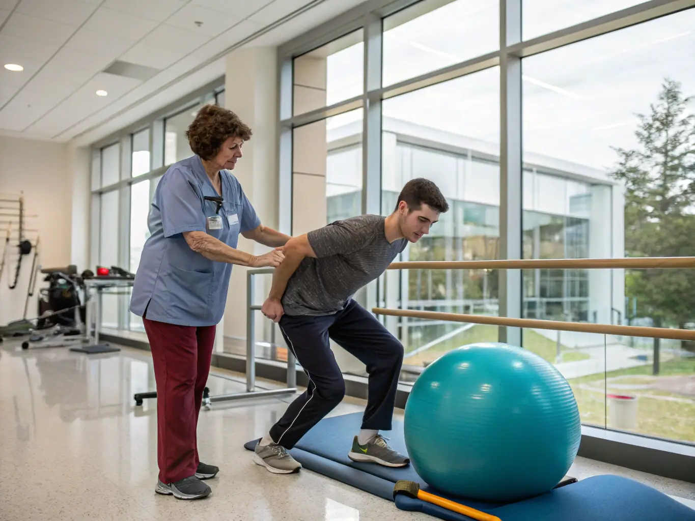 A serene image of a patient performing a stretching exercise under the guidance of Dr. Hernandez, set in a modern physical therapy clinic. The focus is on gentle movement and personalized care.