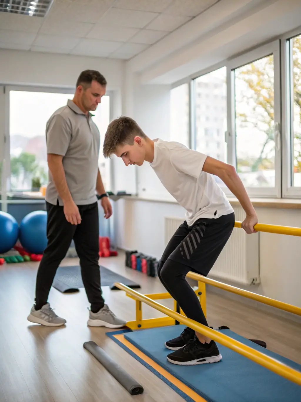 A physical therapist guiding a young athlete through a functional exercise to improve balance and coordination.