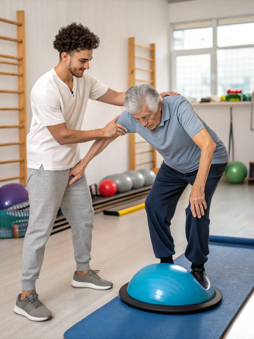 A senior patient performing balance exercises under the supervision of a physical therapist, focusing on fall prevention.