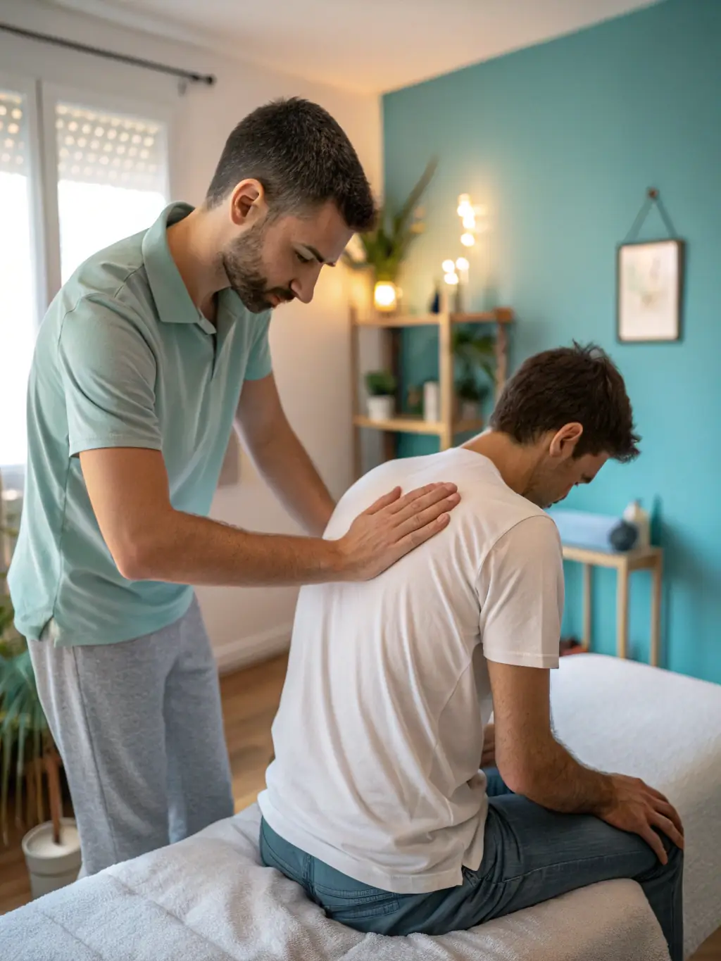 A physical therapist performing a manual therapy technique on a patient's shoulder, focusing on joint mobilization.